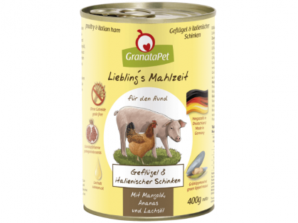GranataPet Lieblings Mahlzeit Geflügel & italienischer Schinken Hundefutter mit Mangold, Ananas & Lachsöl 400 g