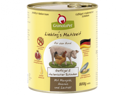 GranataPet Lieblings Mahlzeit Geflügel & italienischer Schinken Hundefutter mit Mangold, Ananas & Lachsöl 800 g