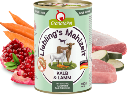 Lieblings Mahlzeit Kalb & Lamm Hundefutter nass mit Zucchini, Karotten und Nachtkerzenöl 400 g Dose