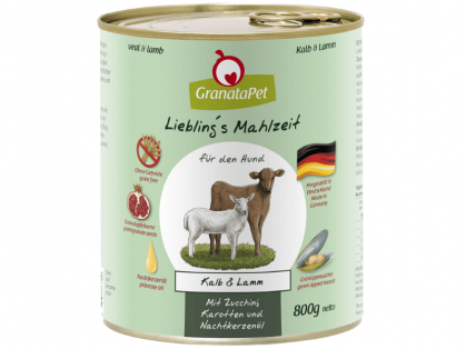 GranataPet Lieblings Mahlzeit Kalb & Lamm Hundefutter mit Zucchini, Karotten und Nachtkerzenöl 800 g