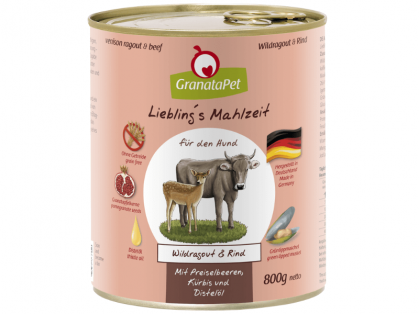 GranataPet Lieblings Mahlzeit Wildragout & Rind Hundefutter mit Preiselbeeren, Kürbis und Distelöl 800 g