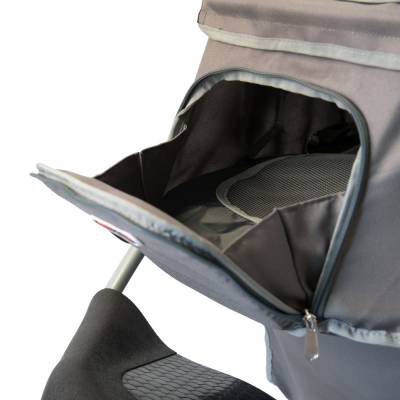 Hundebuggy Comfort Air ECO hellgrau dunkelgrau mit Organizer für kleine Hunde Fenster offen