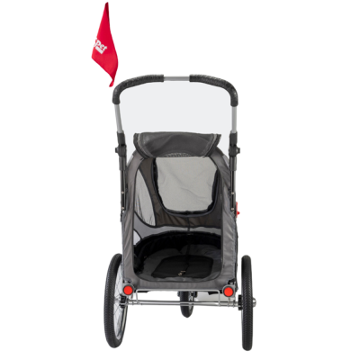 Hundebuggy Sporty-Trailer Deluxe Hinteransicht offen rot grau für kleine Hunde