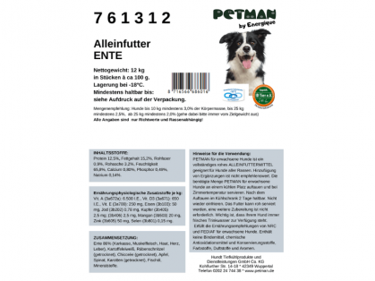 Petman Energique Ente Hunde-Frostfutter Etikett