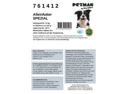 Petman Energique Spezial Hunde-Frostfutter 12 kg Etikett