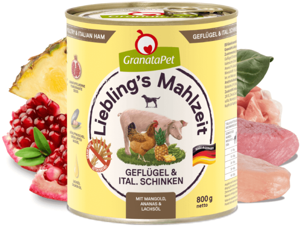 GranataPet Lieblings Mahlzeit Geflügel & italienischer Schinken Hundefutter mit Mangold, Ananas & Lachsöl 800 g GranataPet Lieblings Mahlzeit Geflügel & italienischer Schinken Hundefutter mit Mangold, Ananas & Lachsöl 800 g