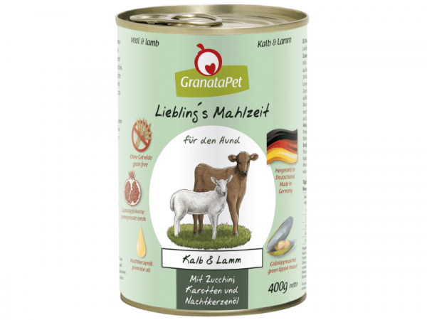 GranataPet Lieblings Mahlzeit Kalb & Lamm Hundefutter mit Zucchini, Karotten und Nachtkerzenöl 400 g