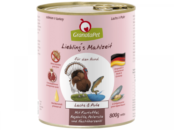 GranataPet Lieblings Mahlzeit Lachs & Pute Hundefutter mit Kartoffel, Hagebutten, Petersilie & Nachtkerzenöl 800 g