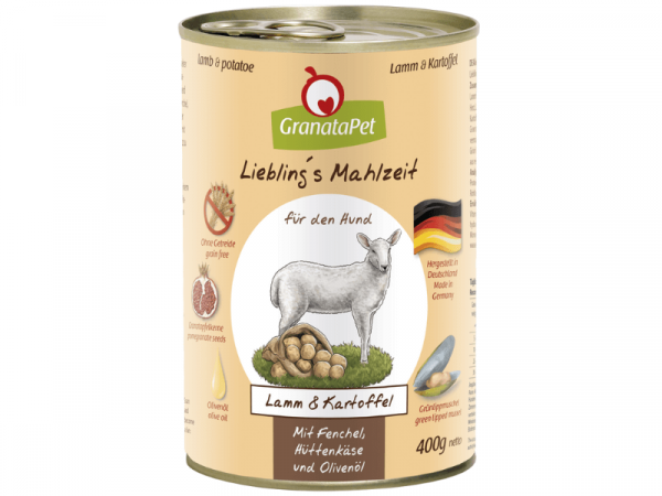 GranataPet Lieblings Mahlzeit Lamm & Kartoffel Hundefutter mit Fenchel, Hüttenkäse & Olivenöl 400 g
