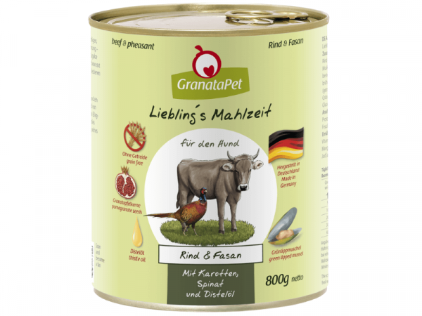 GranataPet Lieblings Mahlzeit Rind & Fasan Hundefutter mit Karotten, Spinat & Distelöl 800 g
