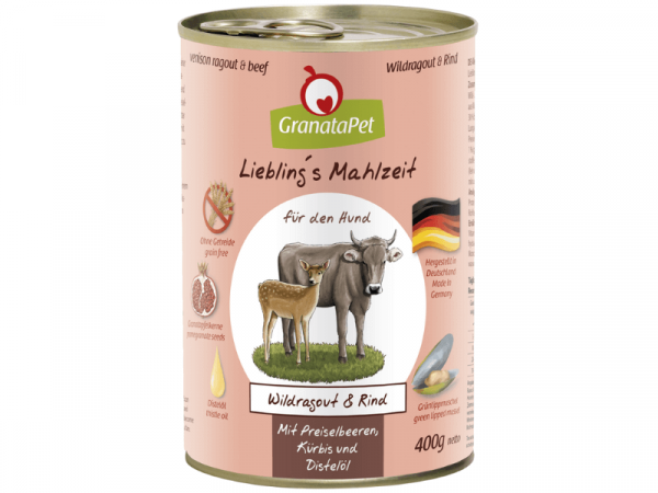 GranataPet Lieblings Mahlzeit Wildragout & Rind Hundefutter mit Preiselbeeren, Kürbis und Distelöl 400 g