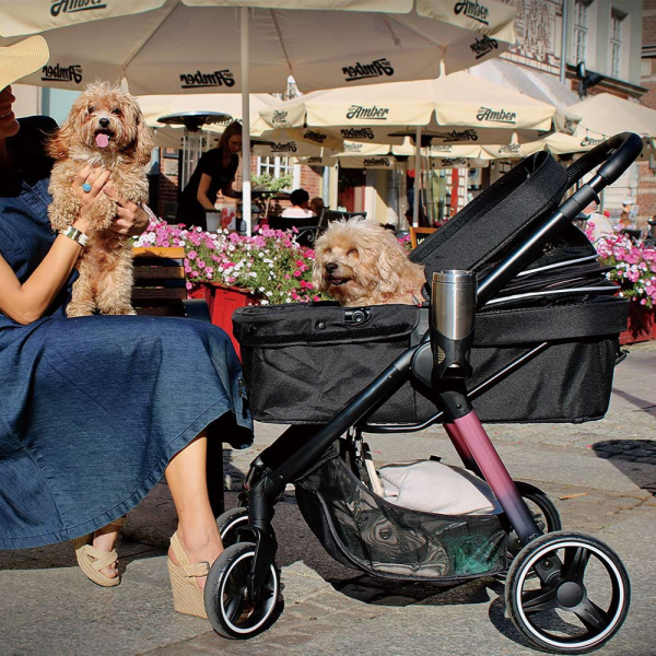 Ibiyaya® Retro Luxe Black Prism Hundebuggy schwarz mit kleinen braunen Hunden