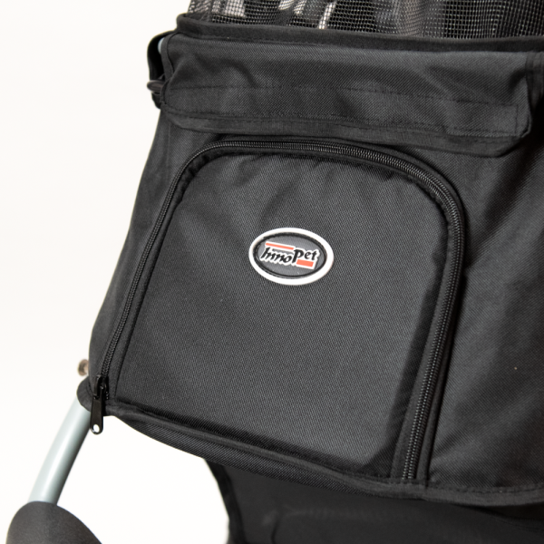 Hundebuggy Comfort Air ECO schwarz grau mit Organizer für kleine Hunde Tasche vorne geschlossen