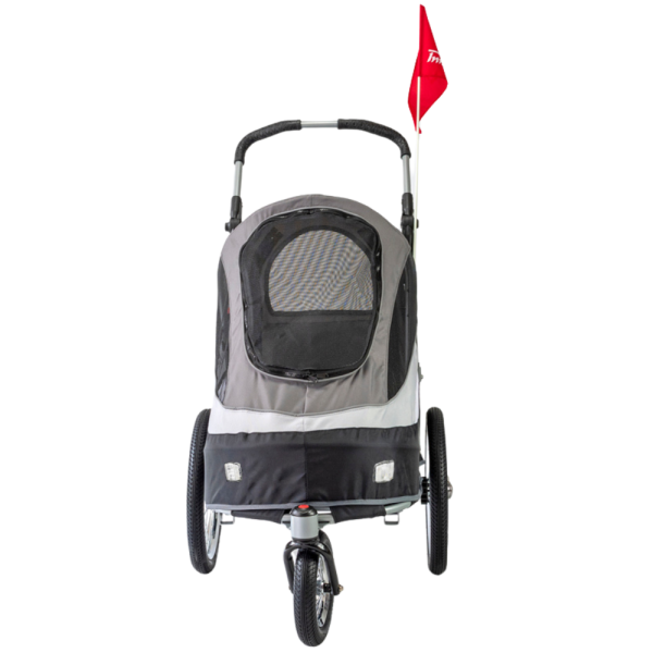 Hundebuggy Sporty-Trailer Deluxe Vorderansicht schwarz grau für kleine Hunde