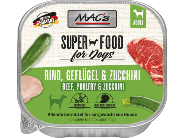 MAC`s Rind, Geflügel & Zucchini Hundefutter nass in der 150 g Schale MAC`s Rind, Geflügel & Zucchini Hundefutter nass in der 150 g Schale