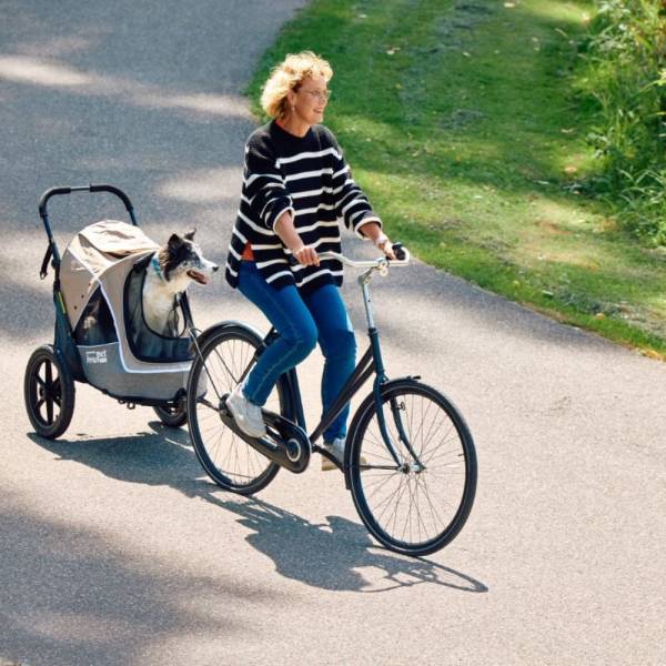 InnoPet Sporty-Trailer Evolution Fahrradanhänger Hund beige grau mit Hund im Einsatz